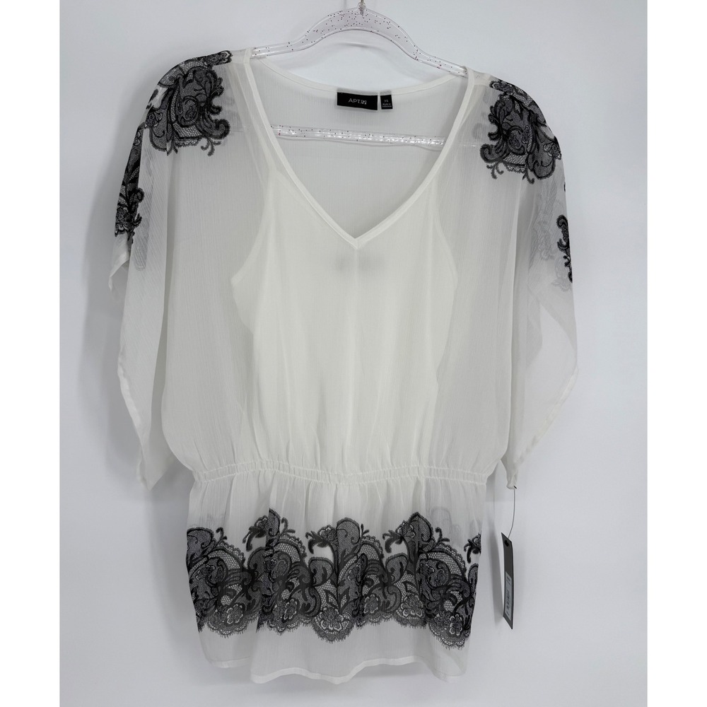 Apt. 9 Women White Black Lace Trim V-Neck Blouse with Camisole XS NWT Org $36